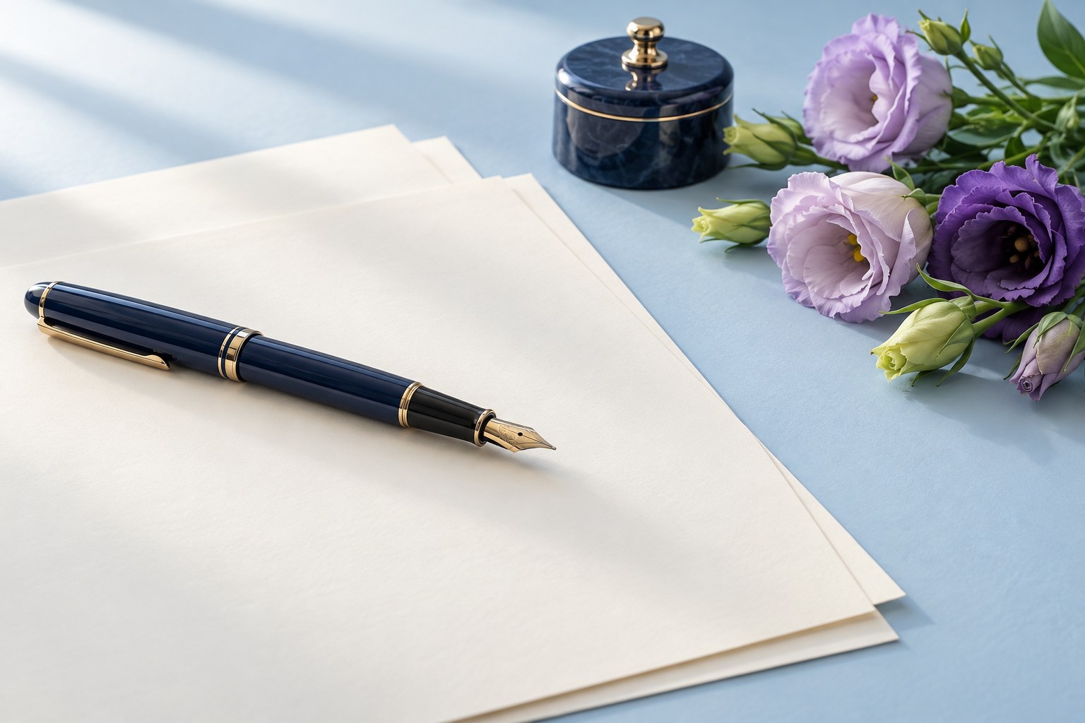 Documentos en blanco, una pluma azul y flores lilas sobre un escritorio